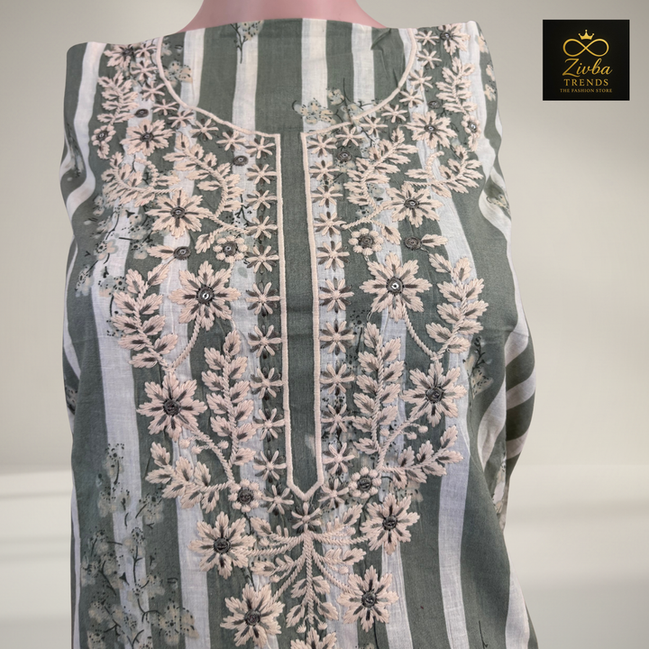 Pista Green Printed Suit Set with Thread Embroidery