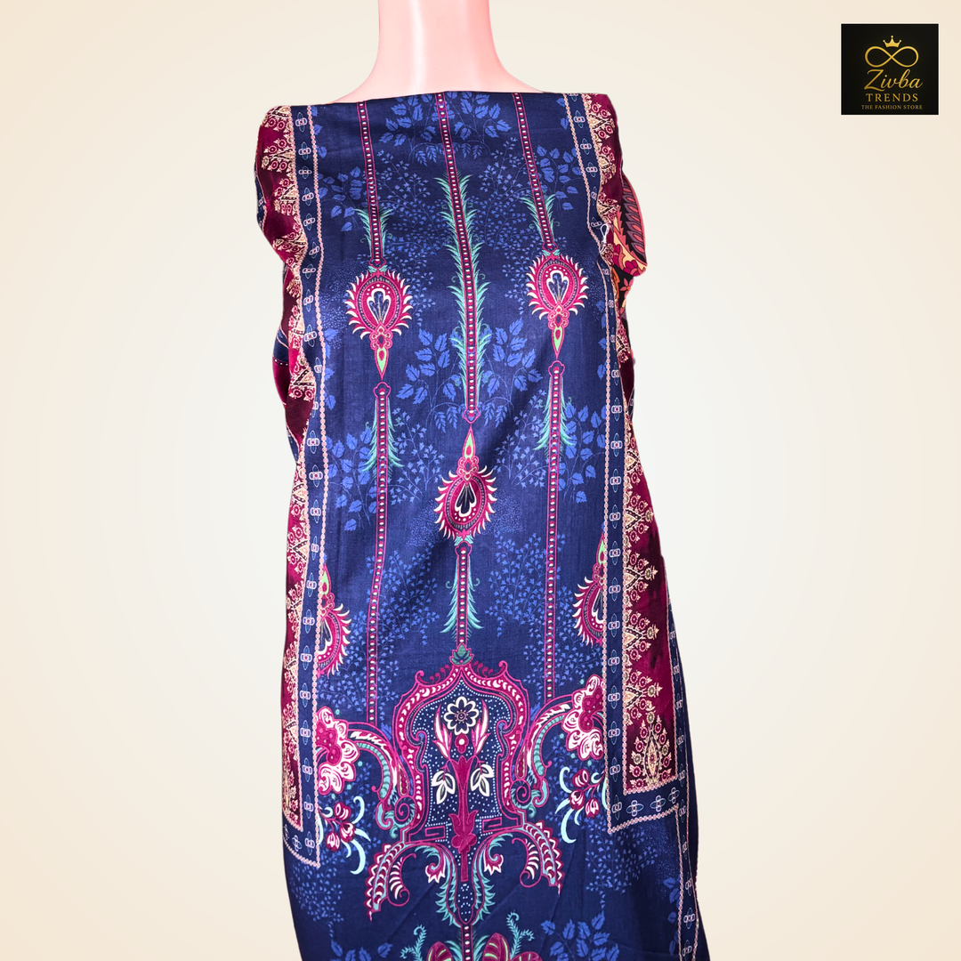 Navy  Blue Printed Suit Set with Elegant Floral Detailing