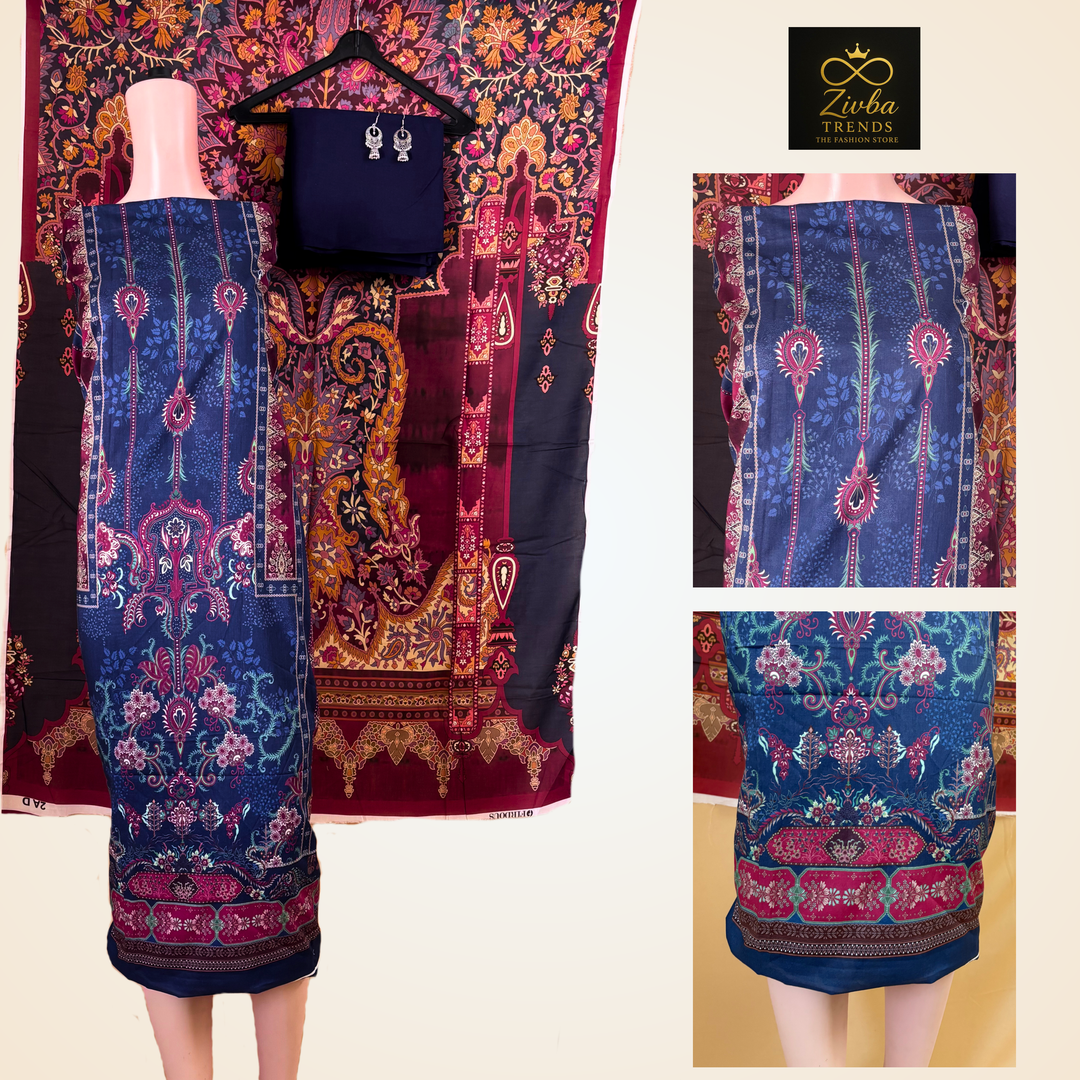 Navy  Blue Printed Suit Set with Elegant Floral Detailing