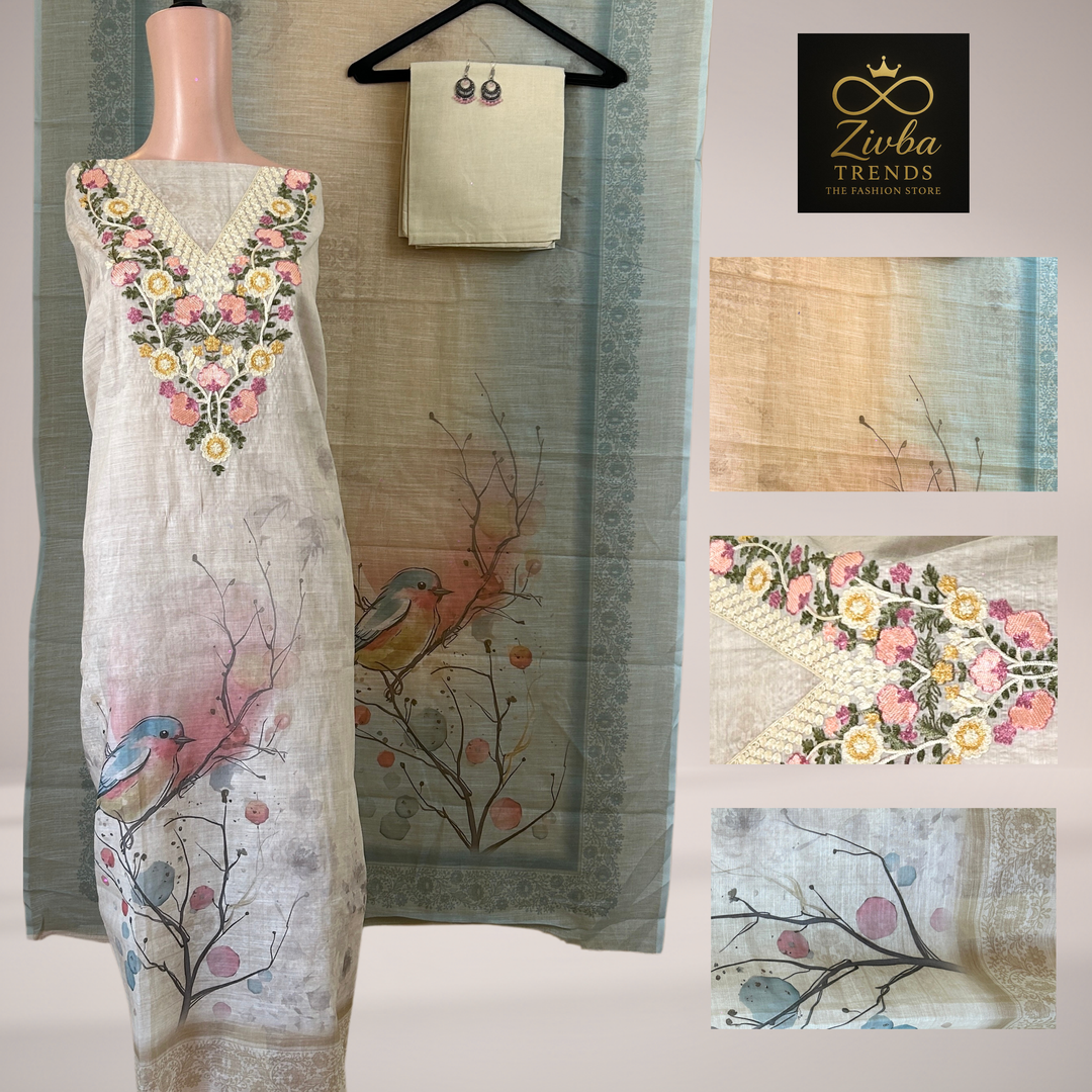 Off-White Kashmiri Embroidered Suit Set with Sky Blue Printed Dupatta