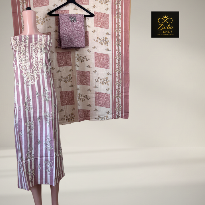 Pink Printed Suit Set with Thread Embroidery
