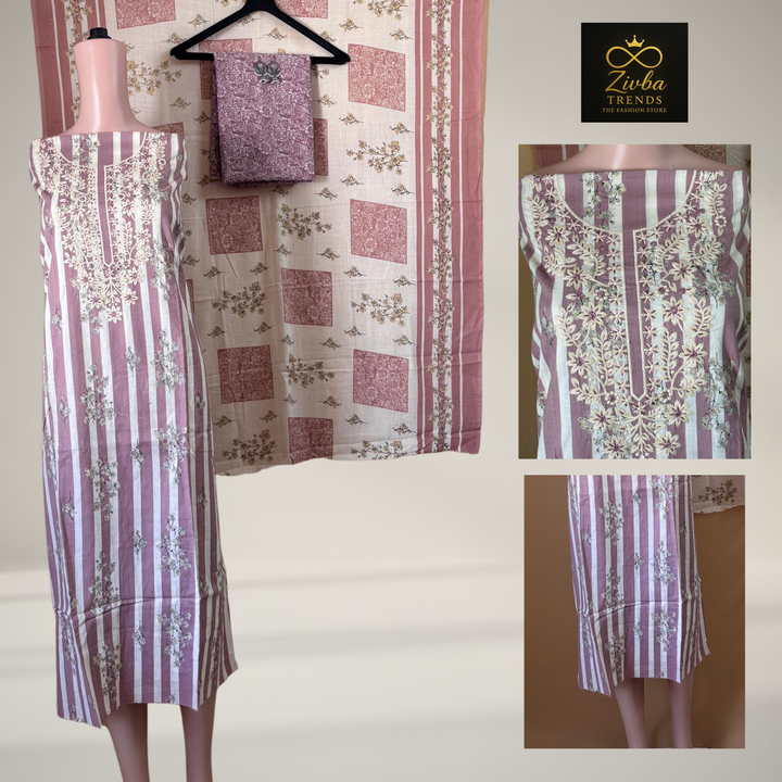 Pink Printed Suit Set with Thread Embroidery