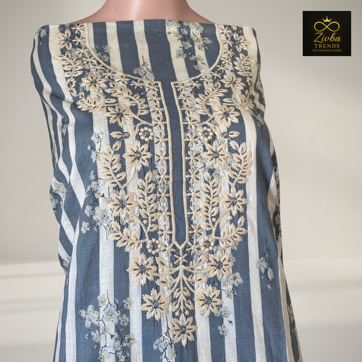 Gray Printed Suit Set with Thread Embroidery