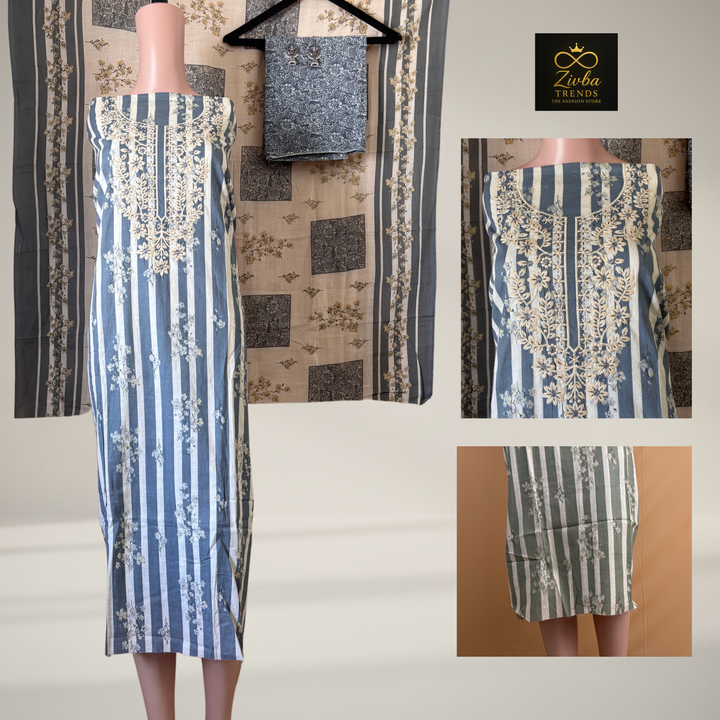 Gray Printed Suit Set with Thread Embroidery