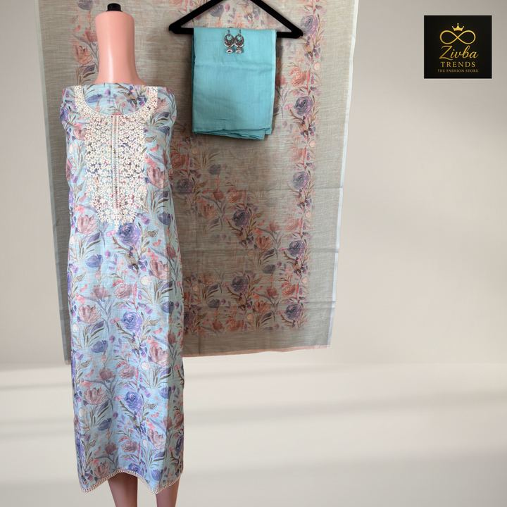 कढ़ाई के काम के साथ आसमानी नीला प्रिंटेड सूट सेट