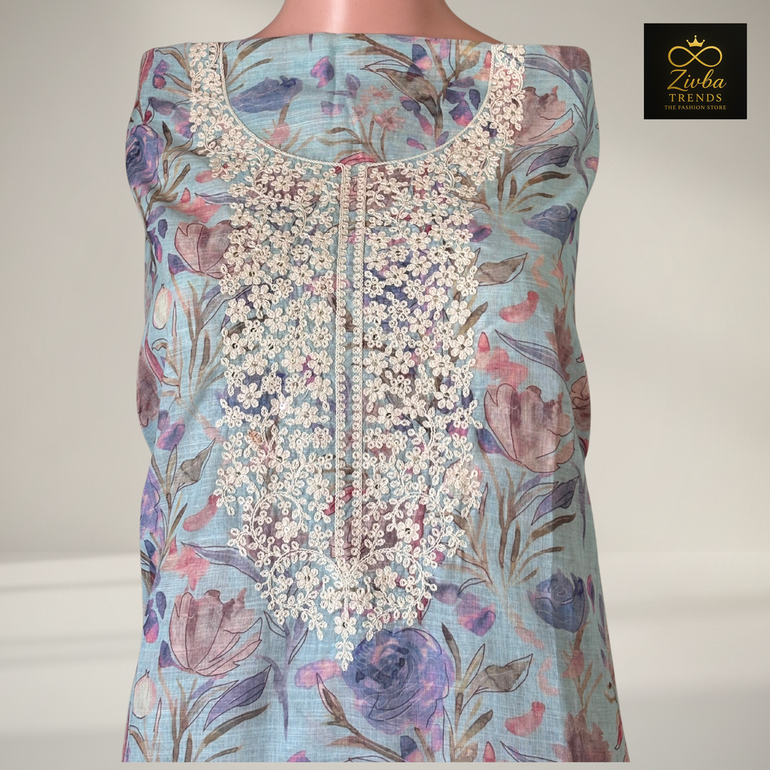 कढ़ाई के काम के साथ आसमानी नीला प्रिंटेड सूट सेट