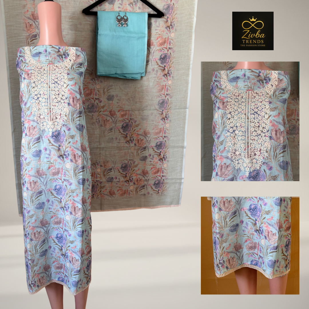 कढ़ाई के काम के साथ आसमानी नीला प्रिंटेड सूट सेट