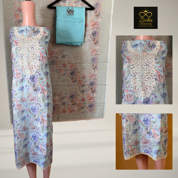 कढ़ाई के काम के साथ आसमानी नीला प्रिंटेड सूट सेट