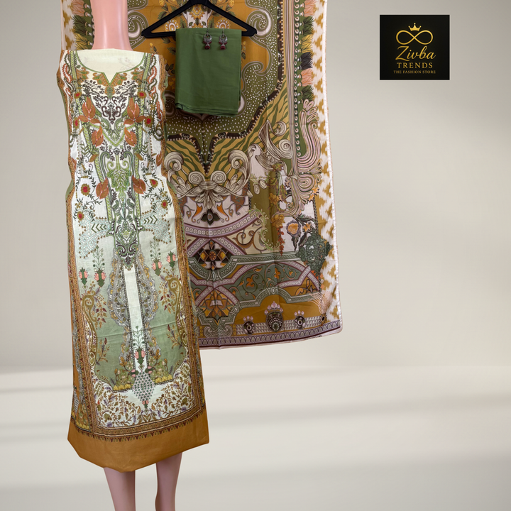 Parrot green  Printed Suit Set with Elegant Floral Detailing