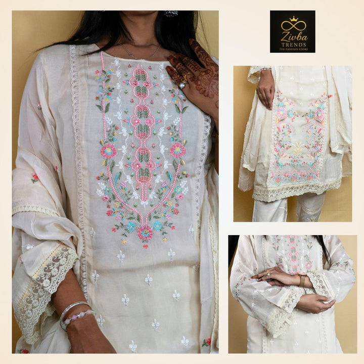 Off White Pure Muls cotton Thread Work Set