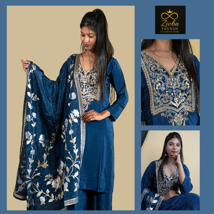 Navy Blue Crepe Silk Handwork Suit Set