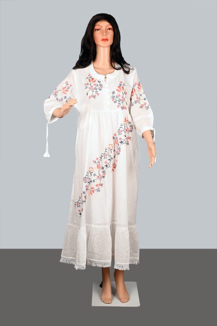 White Blossom Cotton Anarkali Gown