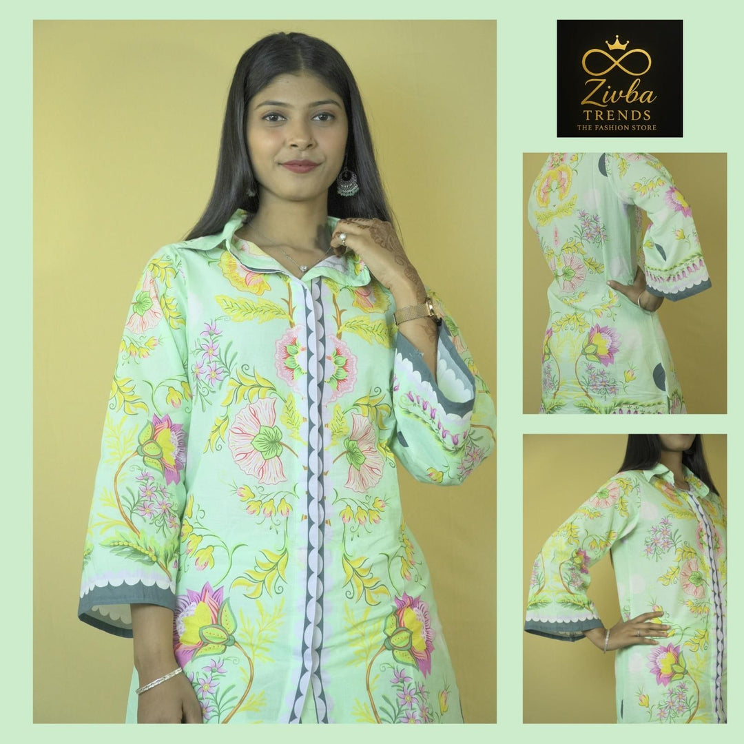 Floral Printed Sea Green Pure Cotton Co-ord Set (Plazzo Style)