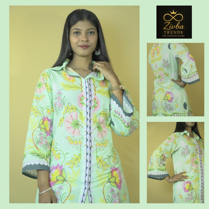 Floral Printed Sea Green Pure Cotton Co-ord Set (Plazzo Style)