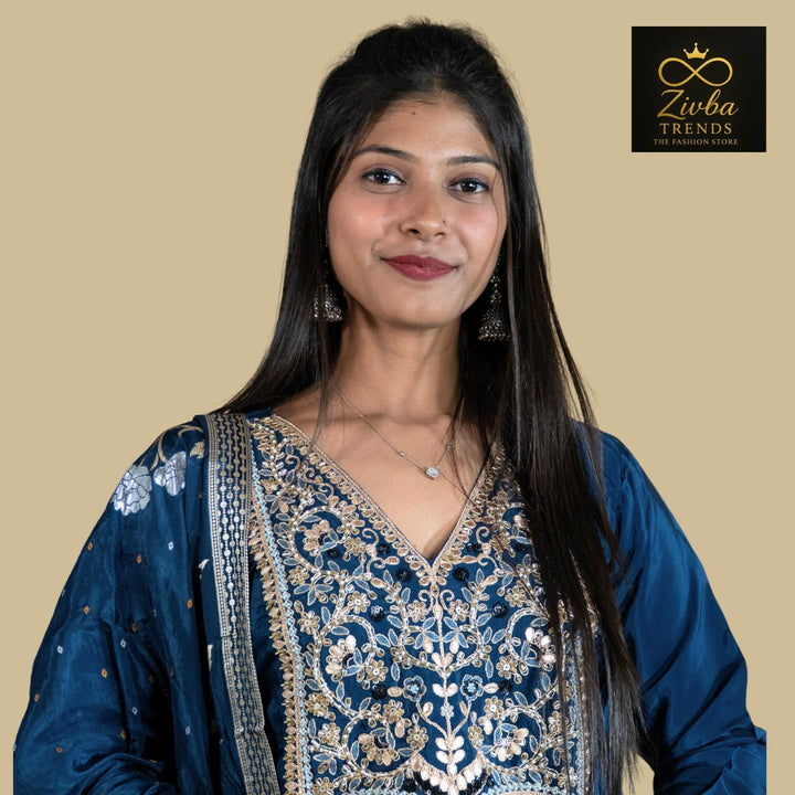 Navy Blue Crepe Silk Handwork Suit Set