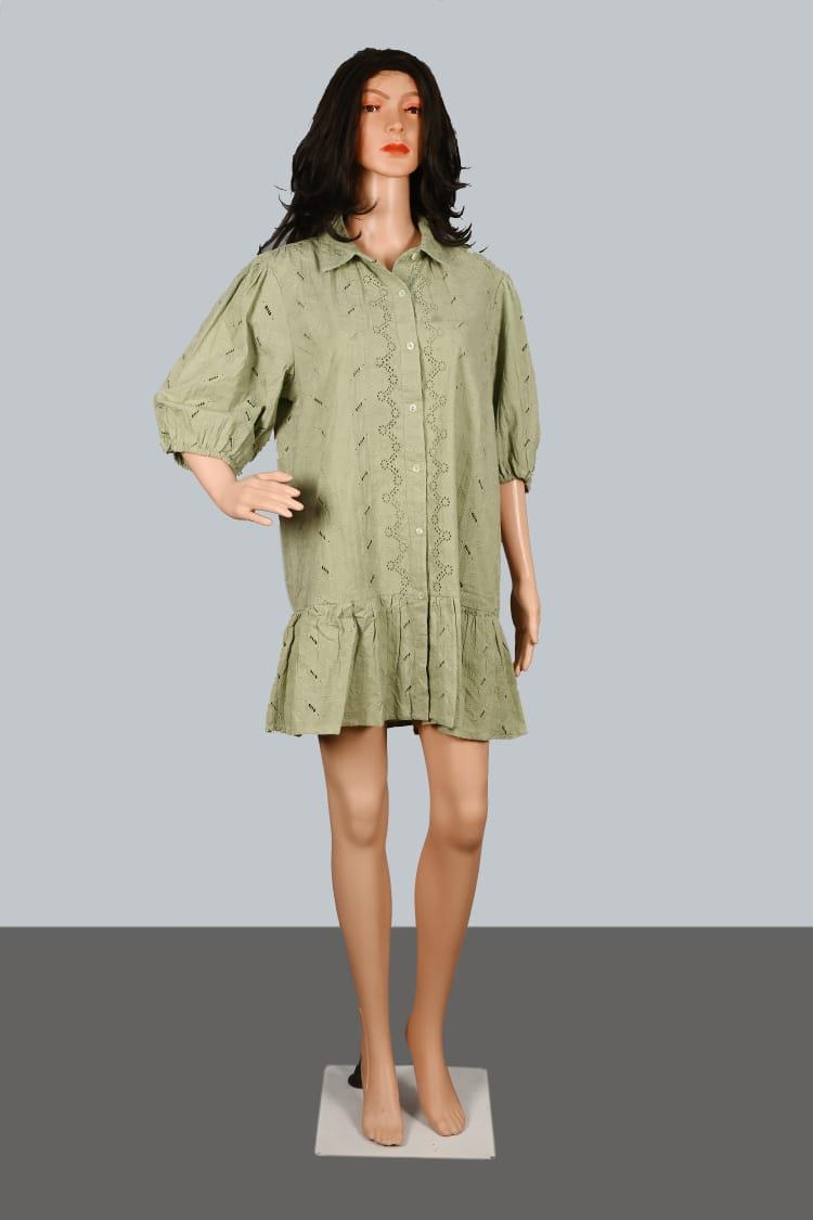 Pista Green Schiffli Cotton Short Kurti