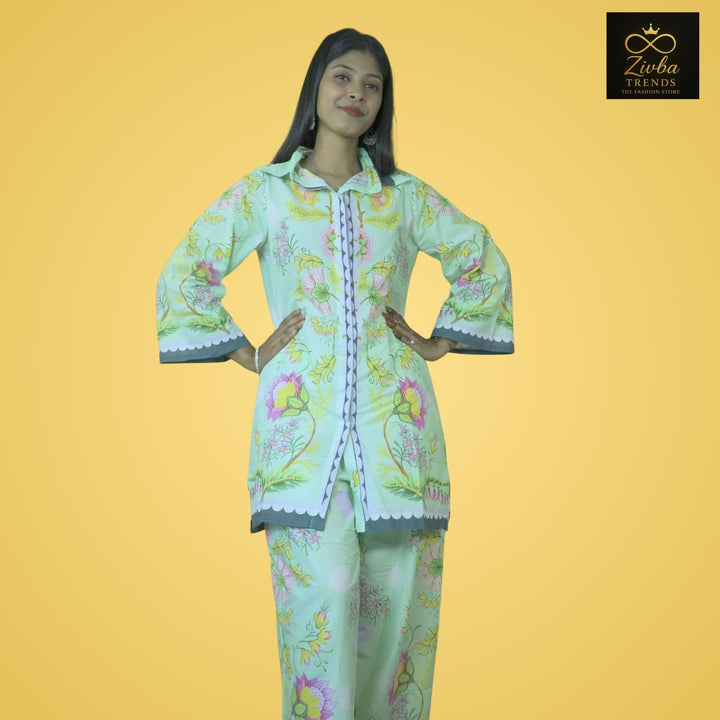Floral Printed Sea Green Pure Cotton Co-ord Set (Plazzo Style)