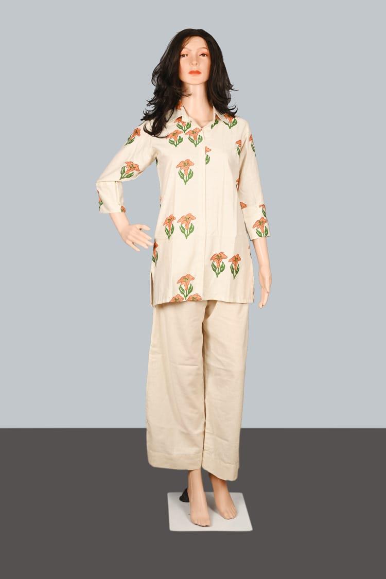 ऑफ-व्हाइट लिनन कॉटन ब्लॉक प्रिंट को-ऑर्ड सेट