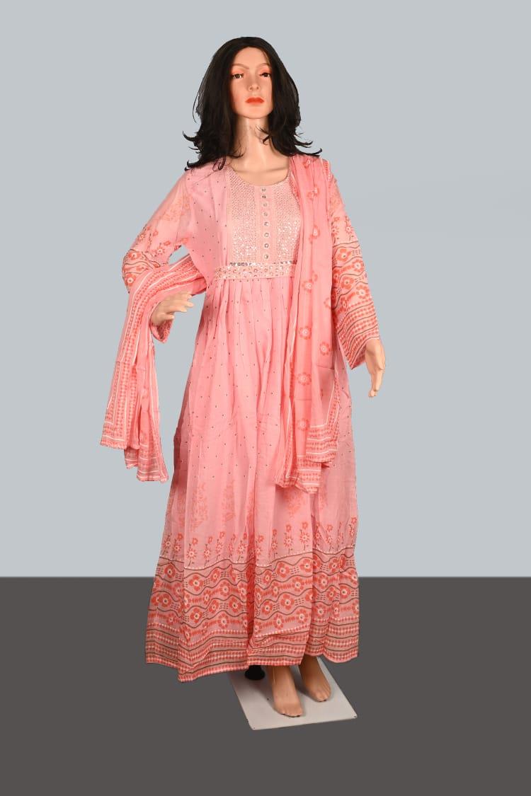 म्यूल कॉटन अनारकली गाउन दुपट्टे के साथ सेट