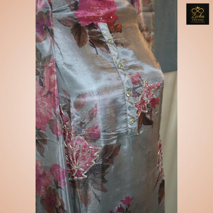 Printed Gray Gota Work Tussle Fabric Suit Set