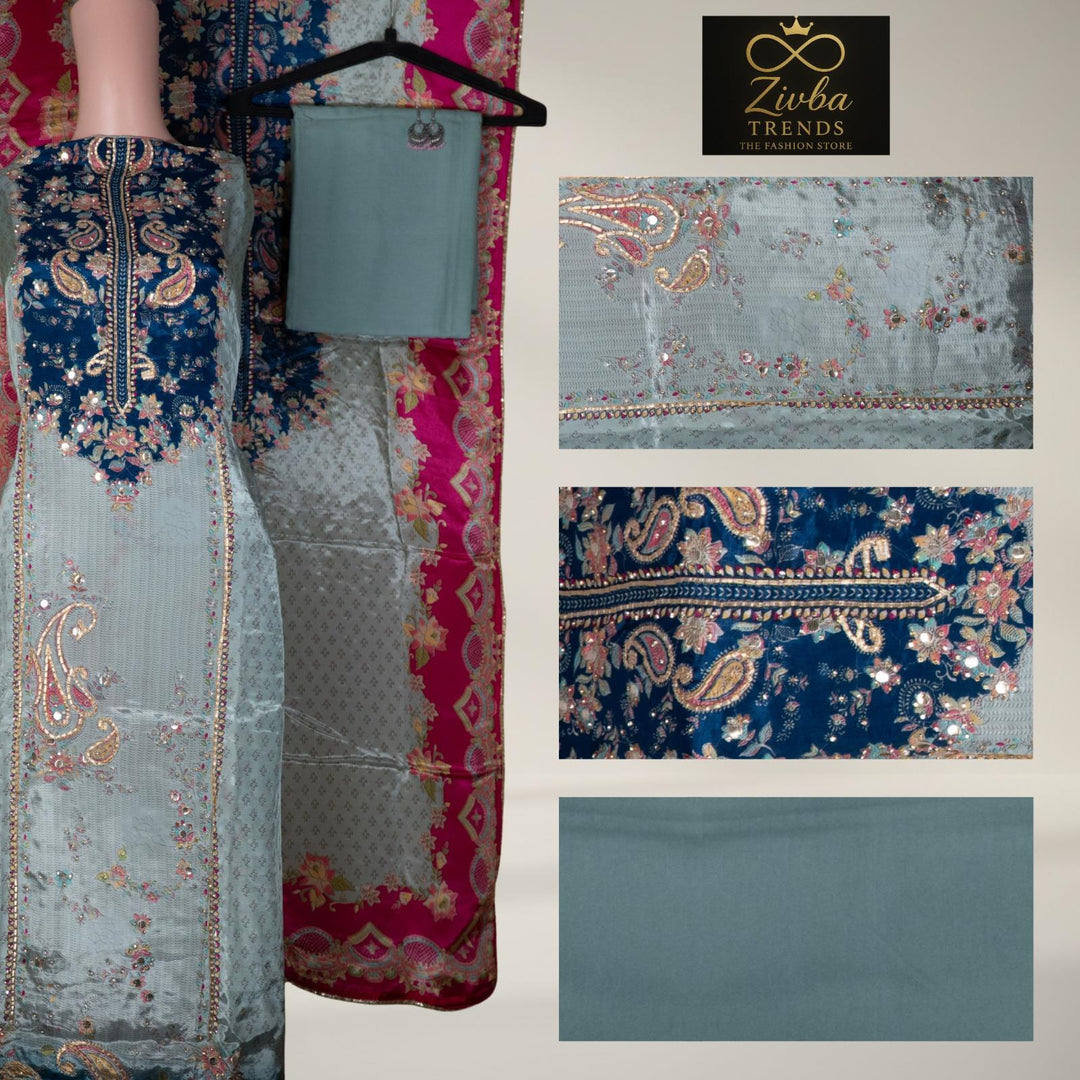 Gray blue stone Semi Silk Gota & Stone Work Suit Set
