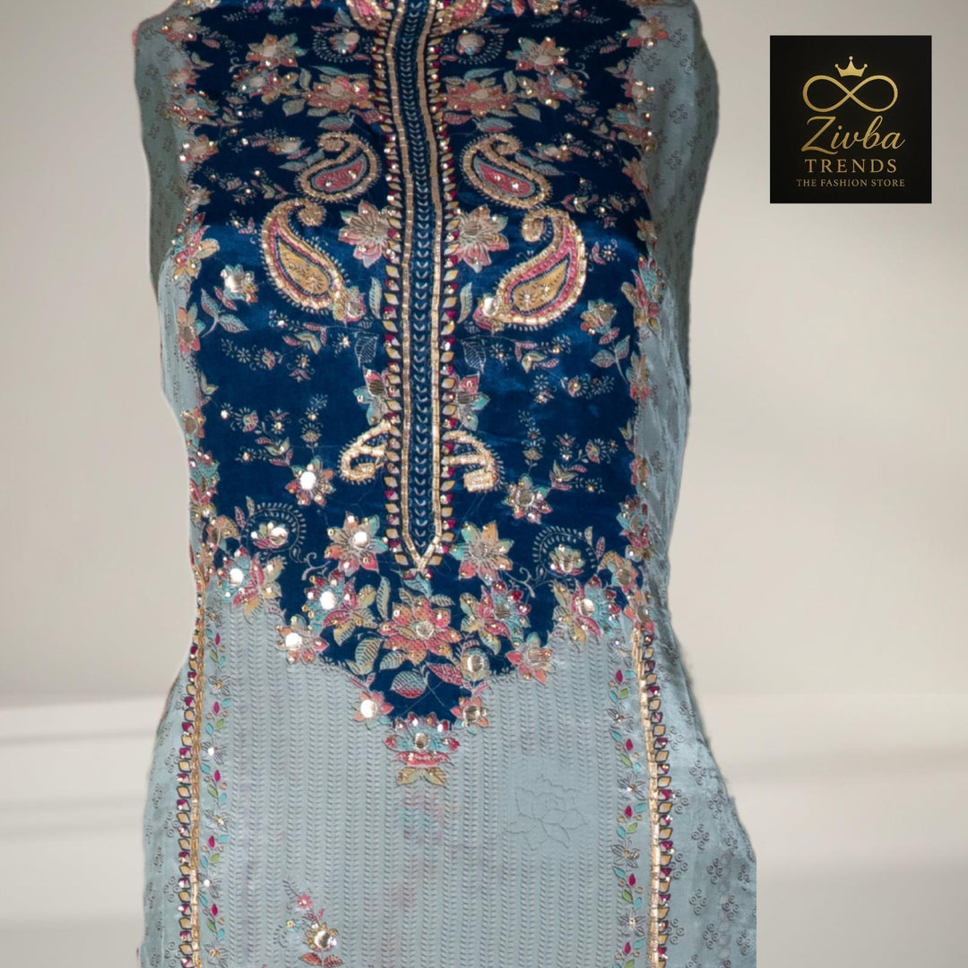Gray blue stone Semi Silk Gota & Stone Work Suit Set