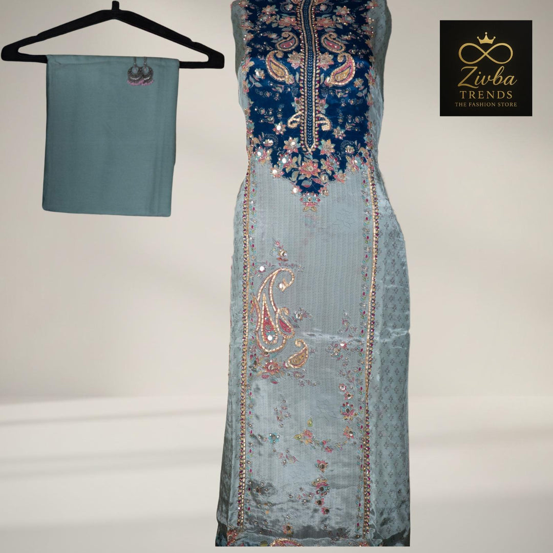 Gray blue stone Semi Silk Gota & Stone Work Suit Set