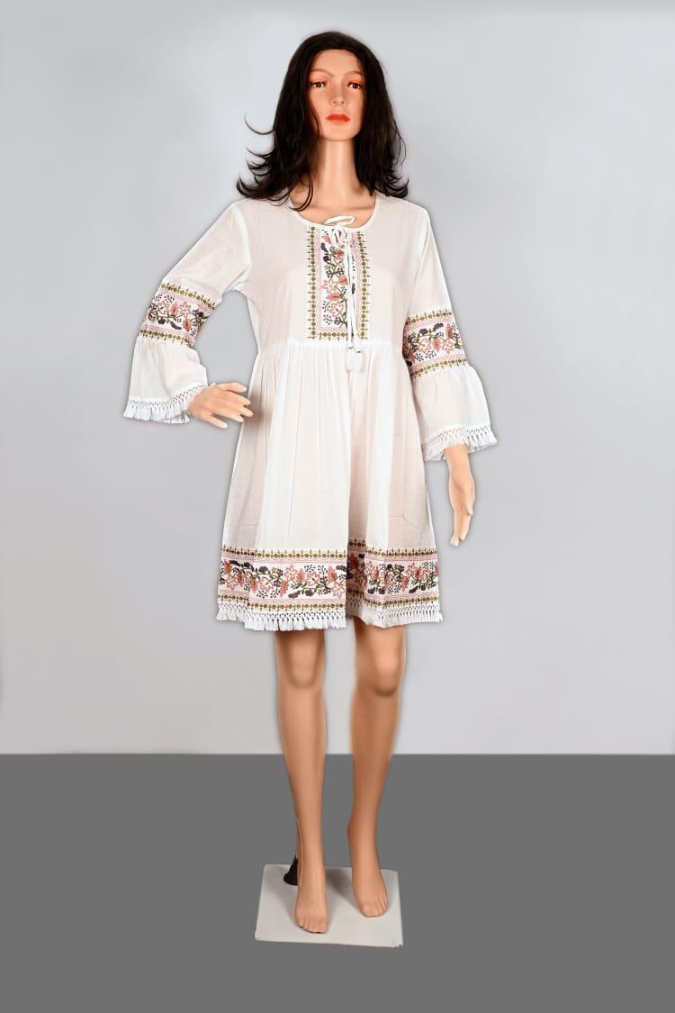 White Floral Pure Cotton Short Kurti Top with Dori