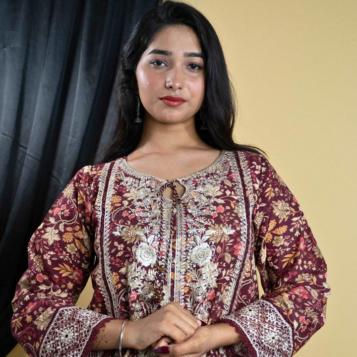 Maroon Embroidered Printed Kurta Set with Dupatta