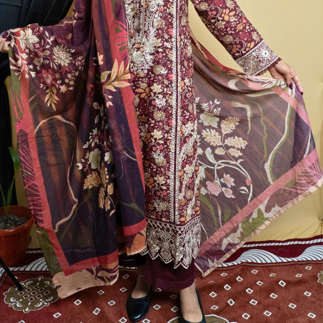 Maroon Embroidered Printed Kurta Set with Dupatta