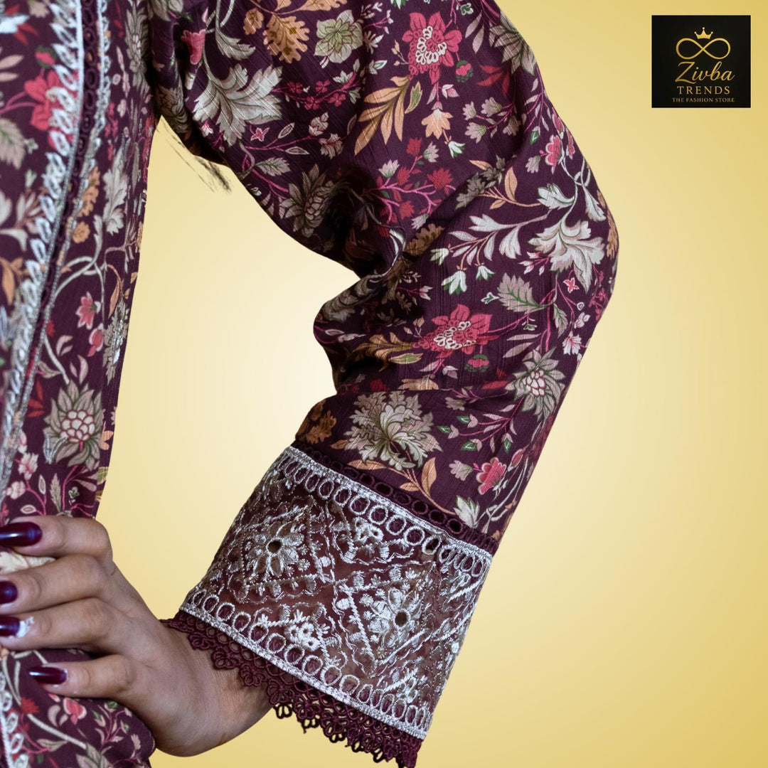 Maroon Embroidered Printed Kurta Set with Dupatta