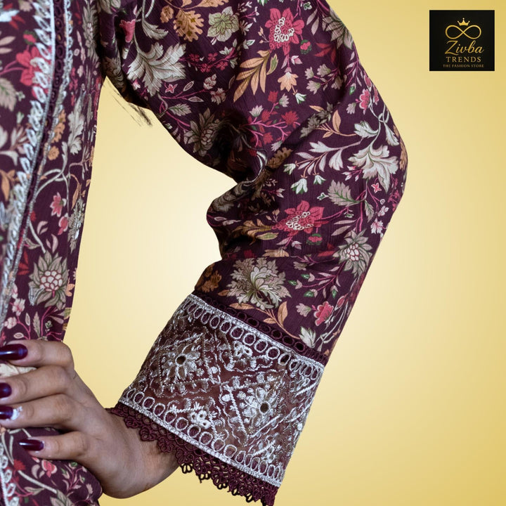 Maroon Embroidered Printed Kurta Set with Dupatta