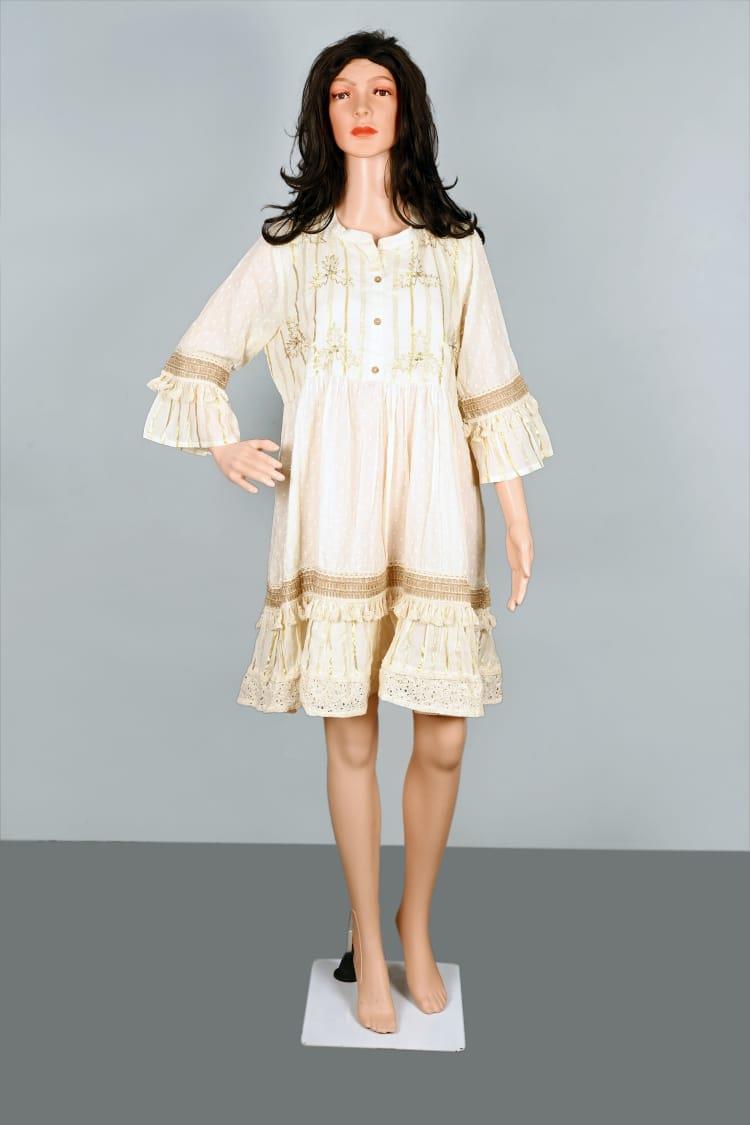 Off-White Floral Embroidered Cotton Short Kurti