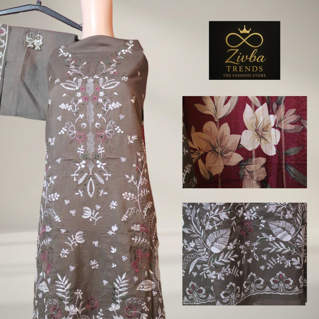 Coffee Brown Embroidered Unstitched Suit Set