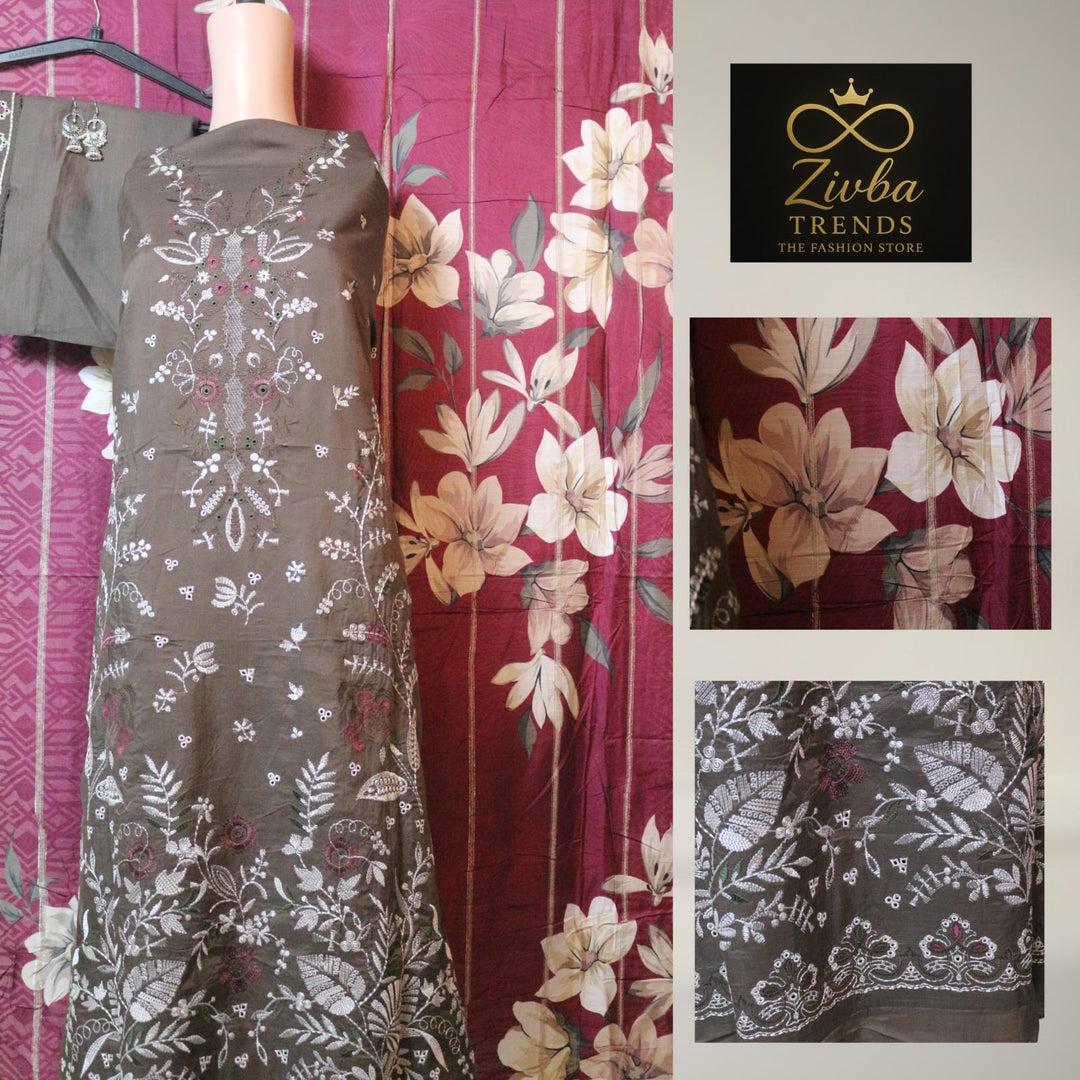 Coffee Brown Embroidered Unstitched Suit Set