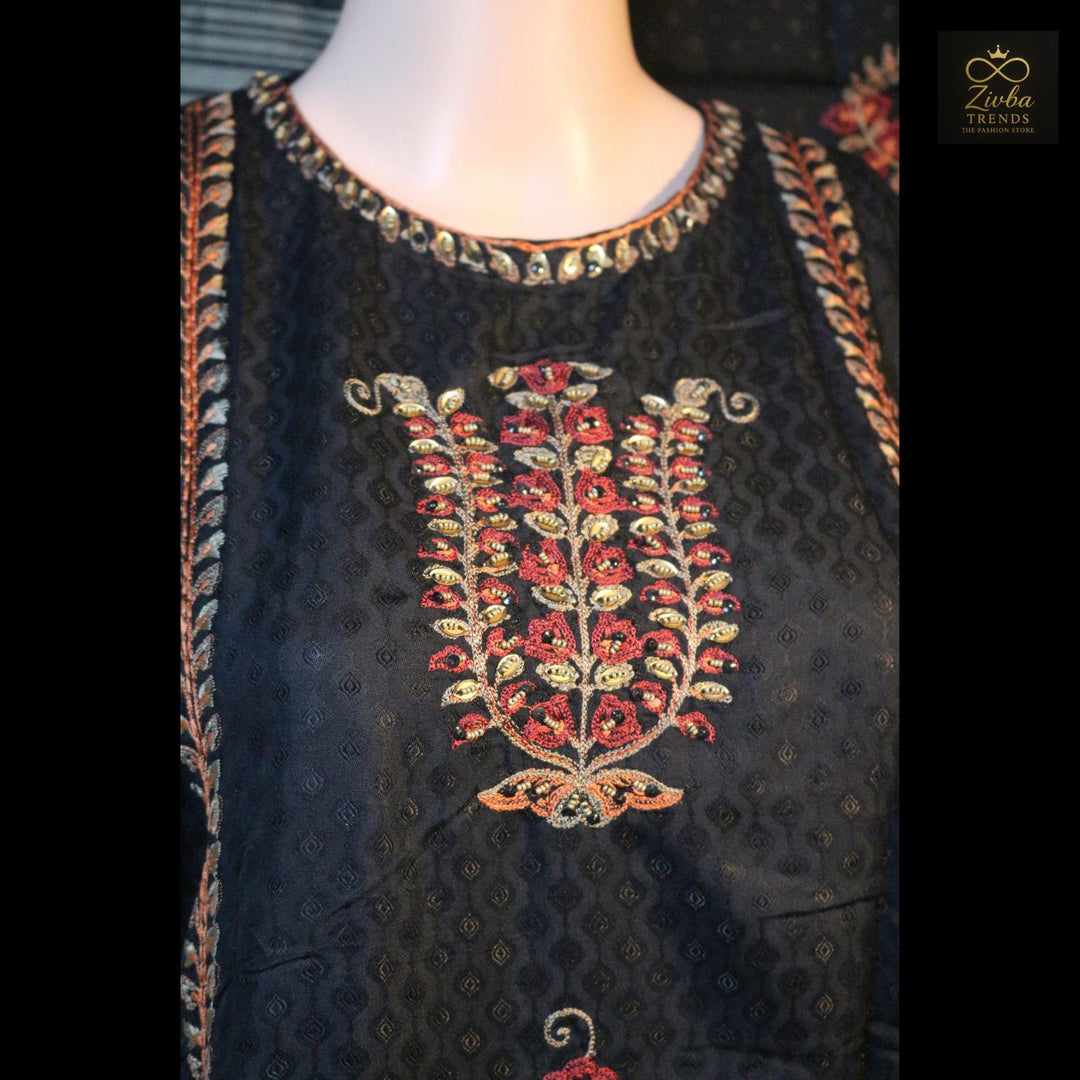 Black Kashmiri Embroidered Semi-Stitched Suit Set