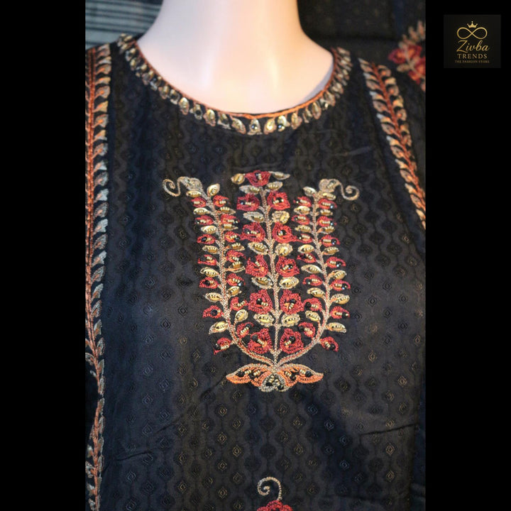 Black Kashmiri Embroidered Semi-Stitched Suit Set