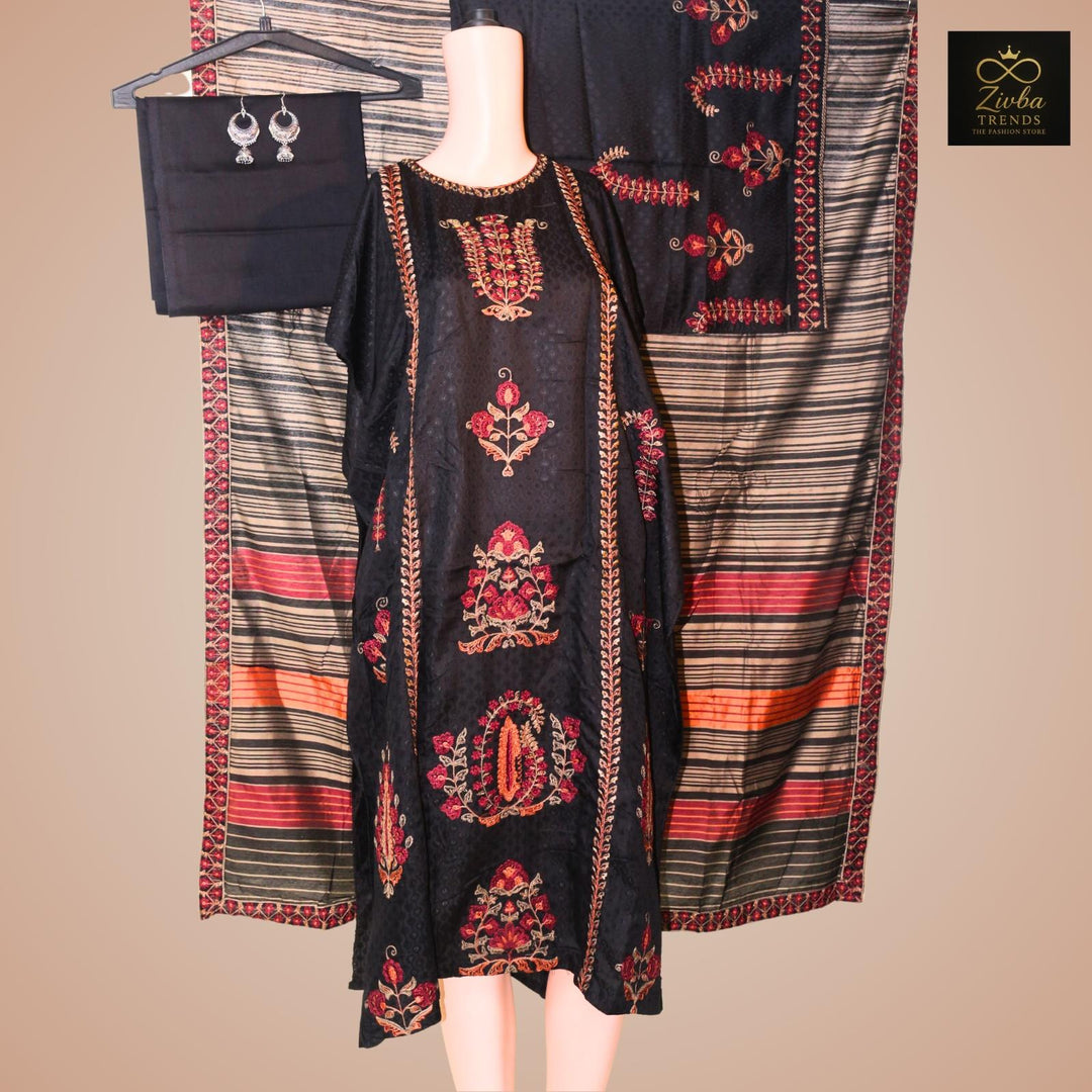 Black Kashmiri Embroidered Semi-Stitched Suit Set