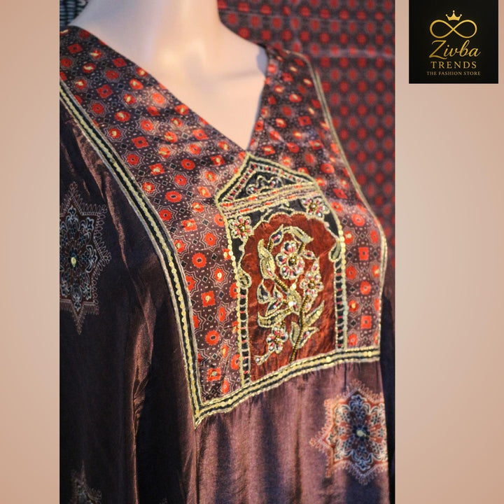 Brown Crepe Printed Suit Set with Hand Embroidery and Tassel Dupatta