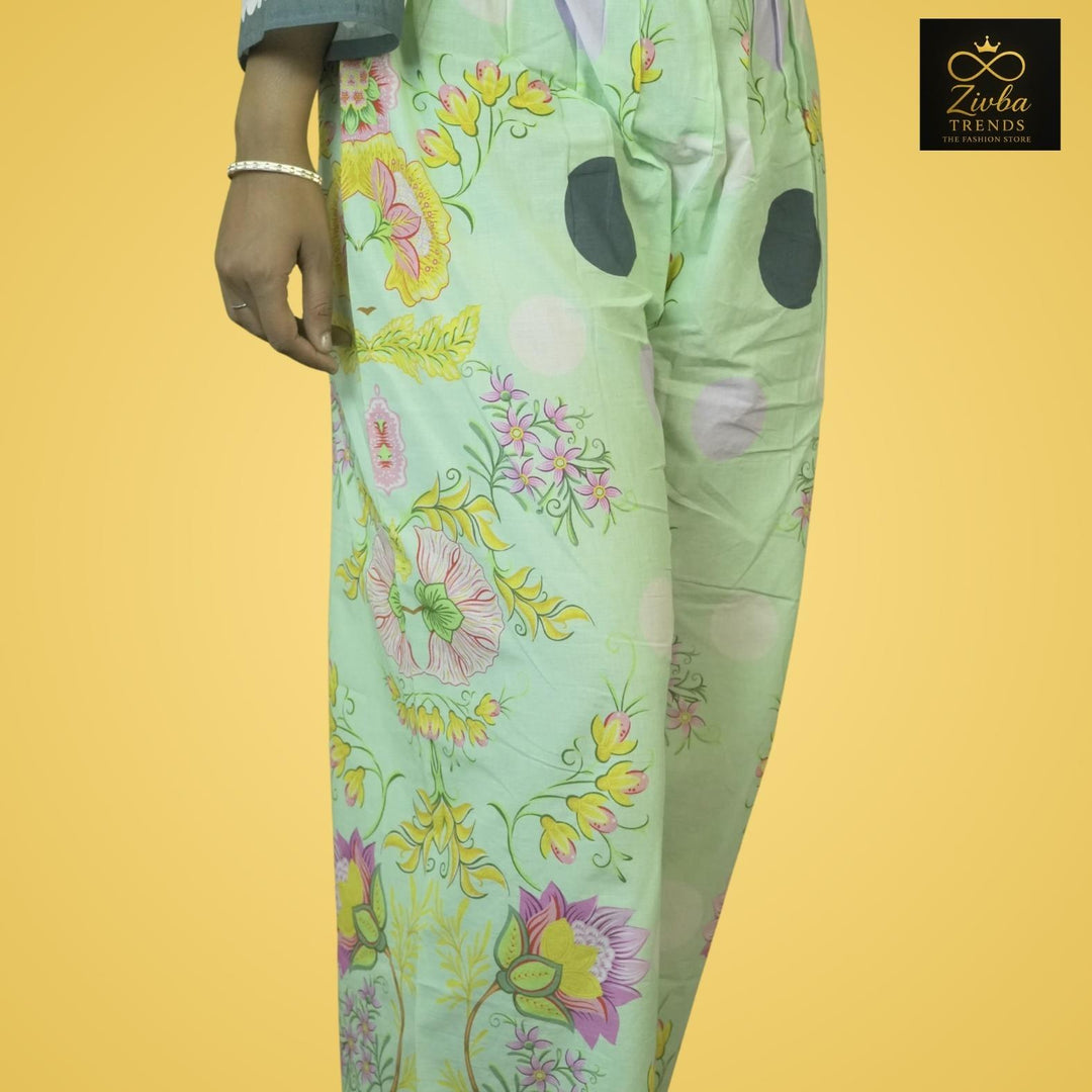 Floral Printed Sea Green Pure Cotton Co-ord Set (Plazzo Style)