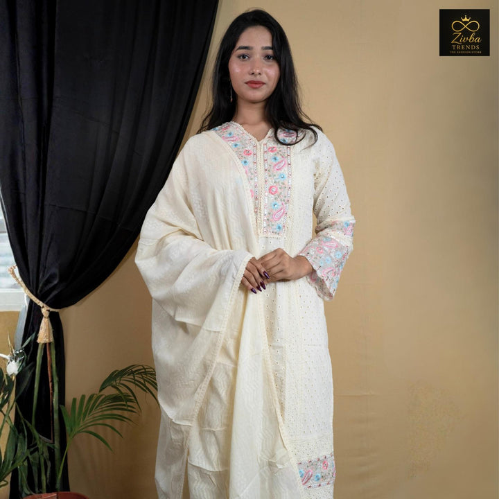 Off White Cotton Chikankari Cutwork Readymade Set