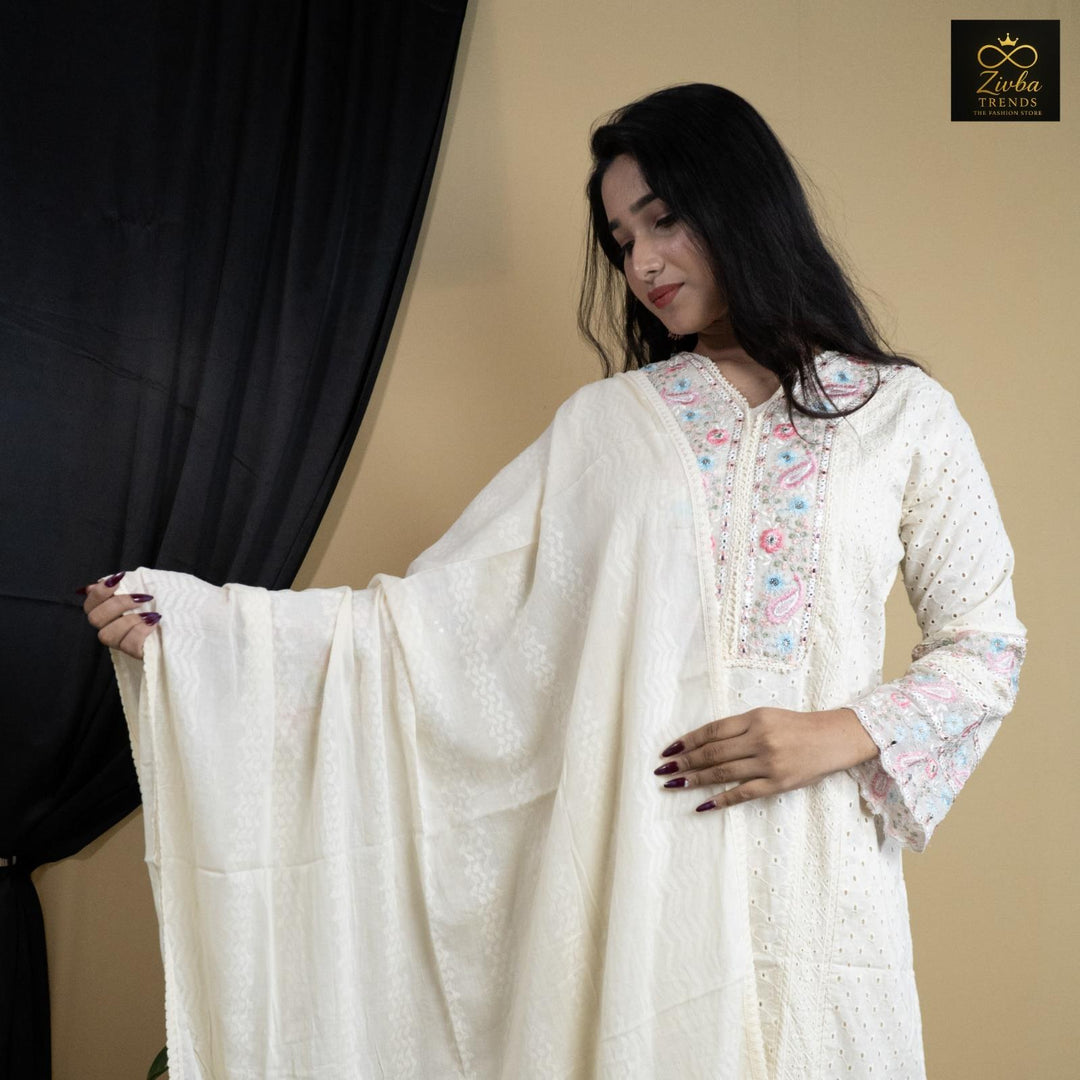 Off White Cotton Chikankari Cutwork Readymade Set