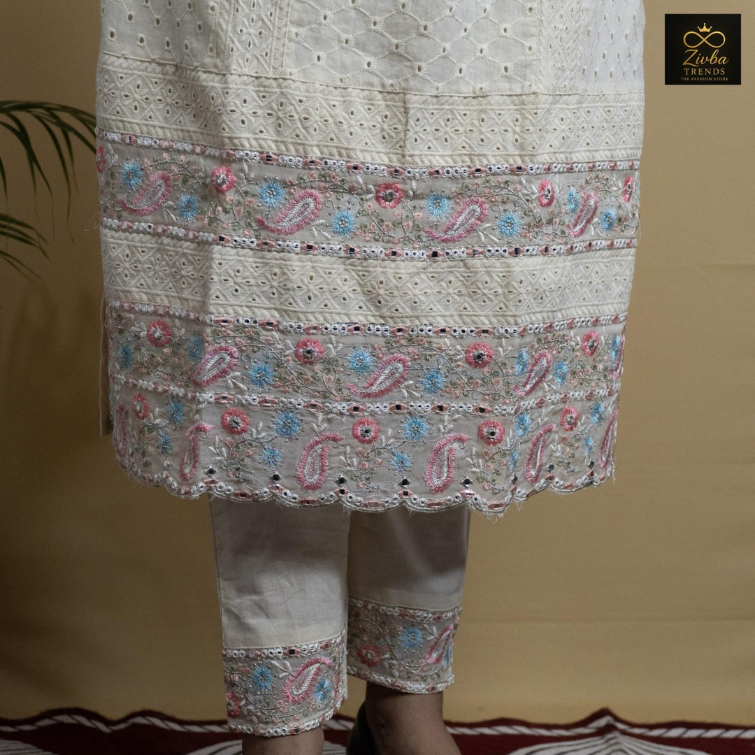 Off White Cotton Chikankari Cutwork Readymade Set