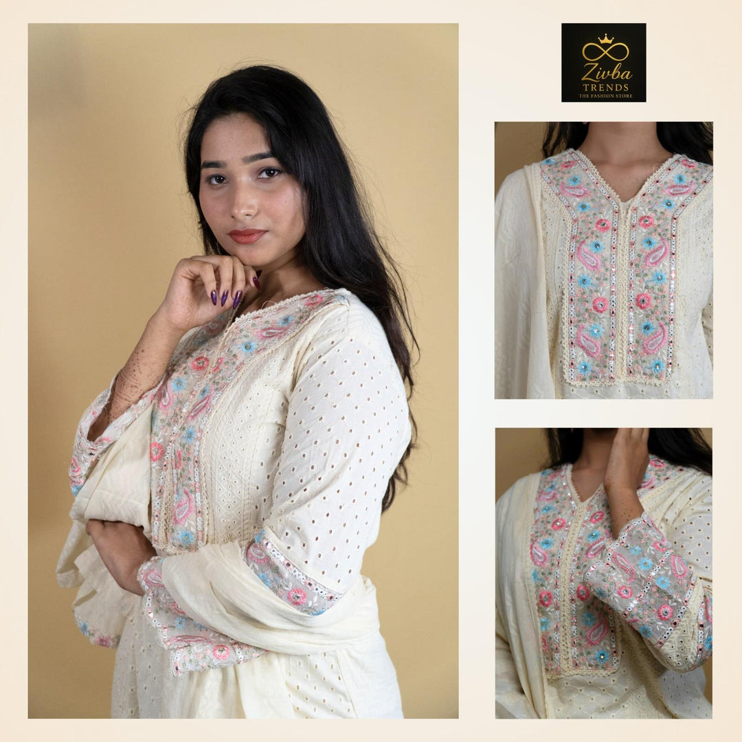 Off White Cotton Chikankari Cutwork Readymade Set